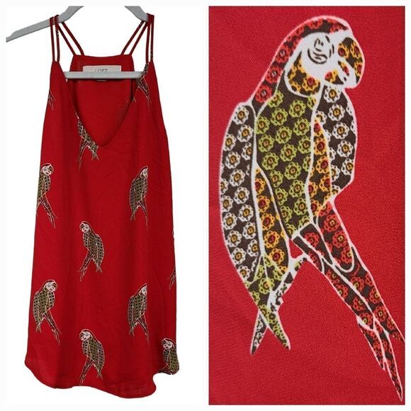 LOFT Petite Parrot Double Strappy Cami Red Tank Sleeveless Bird Blouse Shell Top - Picture 1 of 13
